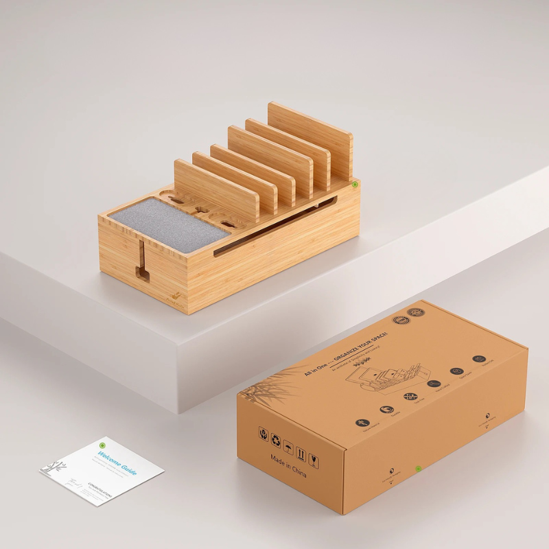Estación de Carga de Bambú 6 en 1 – Soporte Organizador para Teléfonos, Tablets y Dispositivos Electrónicos