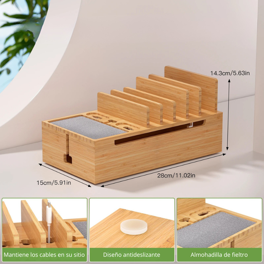 Estación de Carga de Bambú 6 en 1 – Soporte Organizador para Teléfonos, Tablets y Dispositivos Electrónicos