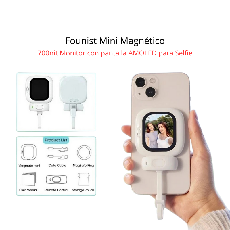 Founist Zuno Mini AMOLED – Monitor Selfie Magnético con Pantalla 2.13″, 700 nits y Mando remoto para iPhone (Vlog y Selfies)