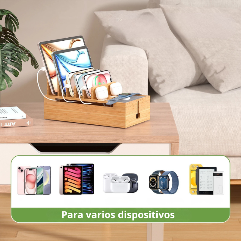 Estación de Carga de Bambú 6 en 1 – Soporte Organizador para Teléfonos, Tablets y Dispositivos Electrónicos