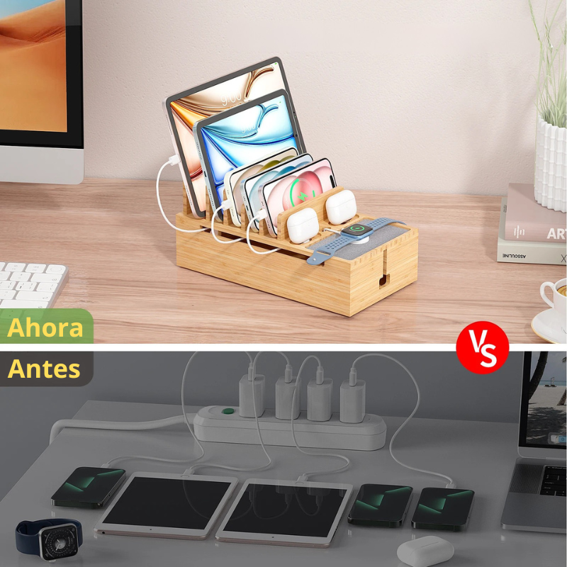 Estación de Carga de Bambú 6 en 1 – Soporte Organizador para Teléfonos, Tablets y Dispositivos Electrónicos