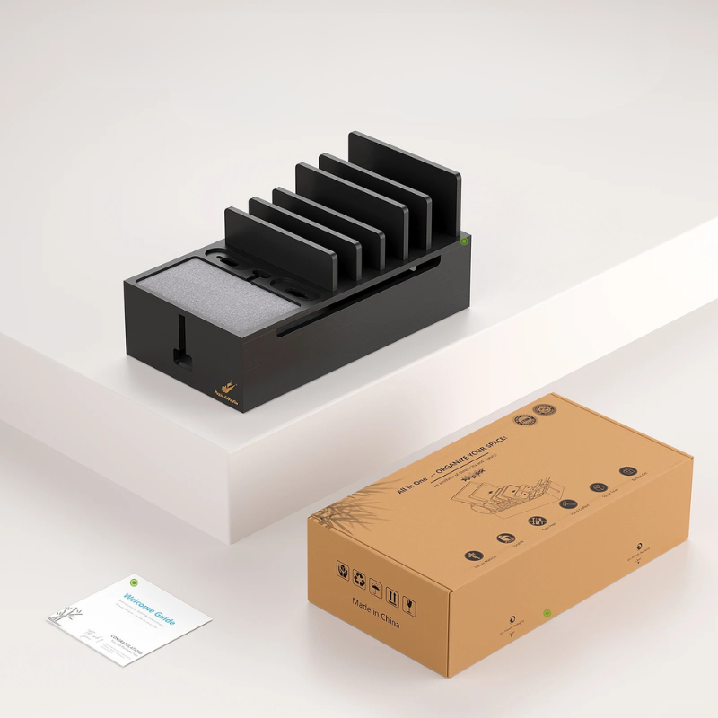 Estación de Carga de Bambú 6 en 1 – Soporte Organizador para Teléfonos, Tablets y Dispositivos Electrónicos