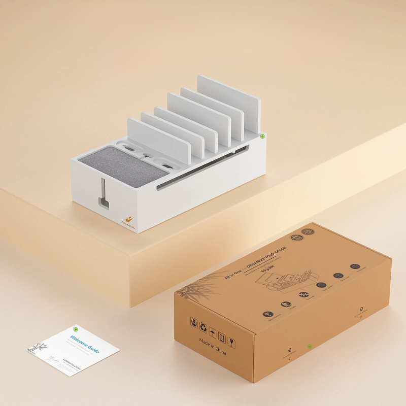 Estación de Carga de Bambú 6 en 1 – Soporte Organizador para Teléfonos, Tablets y Dispositivos Electrónicos