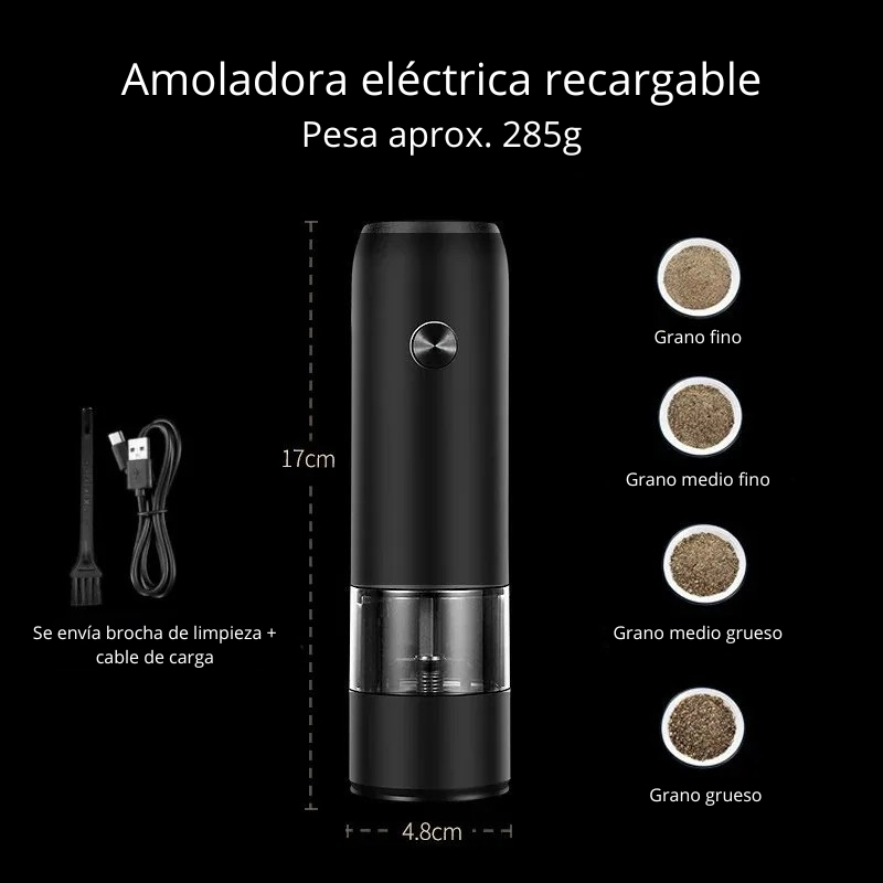 Molinillo Eléctrico Recargable Sal y Pimienta – Ajuste de Molienda, Luz LED y Diseño Moderno
