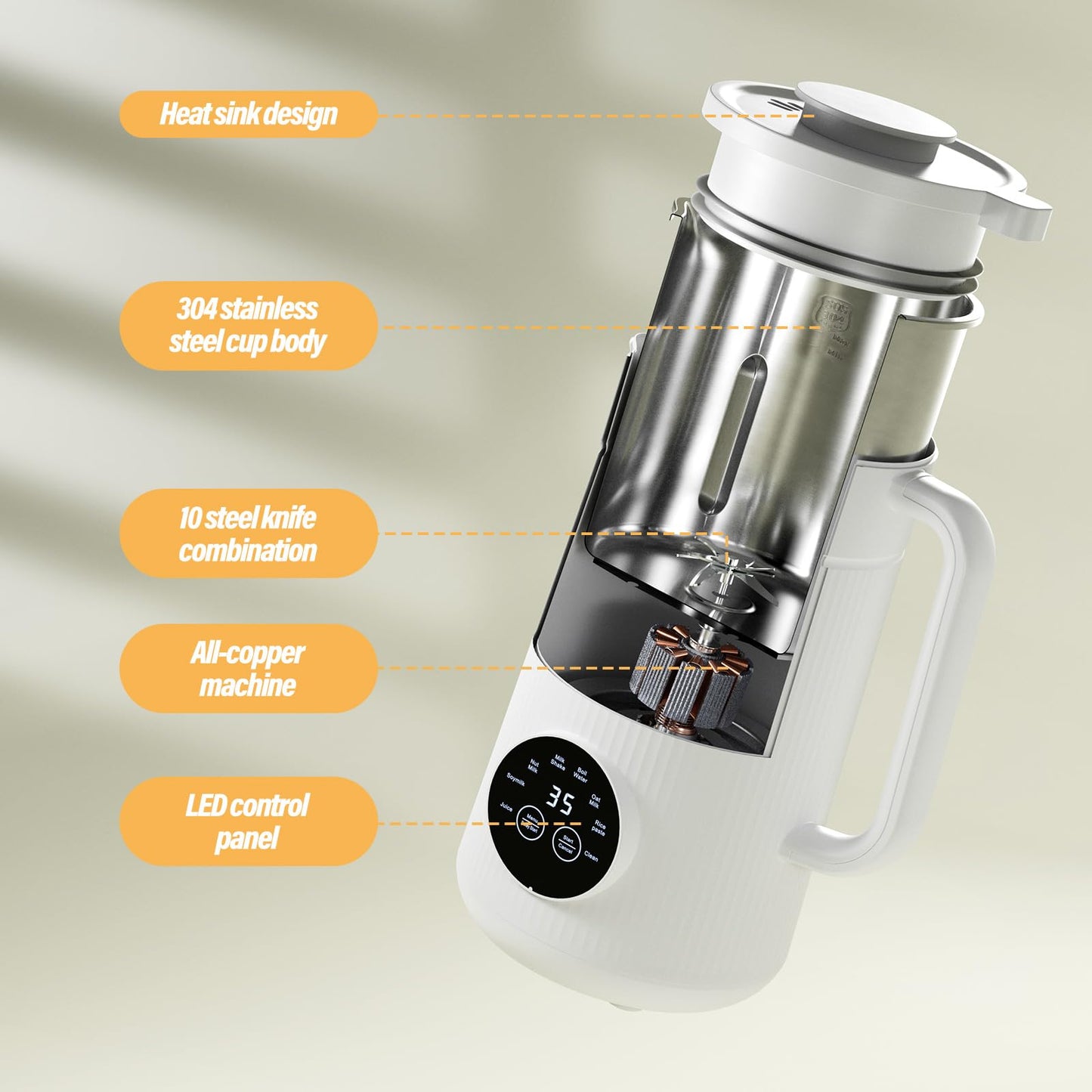 IAGREEA Máquina de leche de nueces de 35 onzas con 10 cuchillas, almendra casera automática, avena, soja, leche de origen vegetal y bebidas sin lácteos, máquina de leche de almendras, autolimpieza