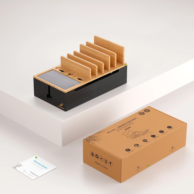 Estación de Carga de Bambú 6 en 1 – Soporte Organizador para Teléfonos, Tablets y Dispositivos Electrónicos