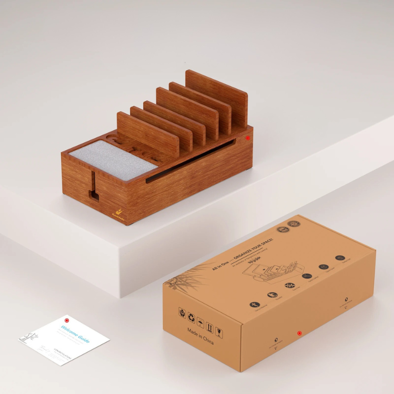 Estación de Carga de Bambú 6 en 1 – Soporte Organizador para Teléfonos, Tablets y Dispositivos Electrónicos