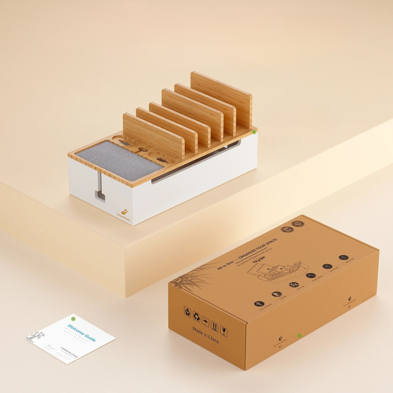 Estación de Carga de Bambú 6 en 1 – Soporte Organizador para Teléfonos, Tablets y Dispositivos Electrónicos
