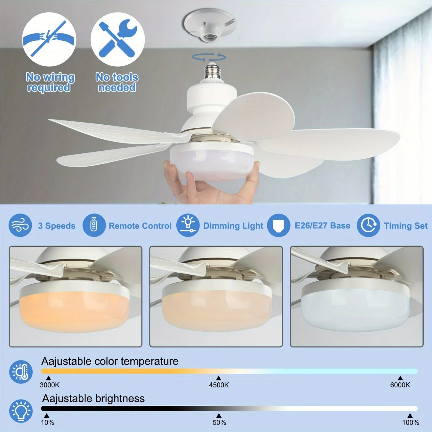 Ventilador de techo con luz y enchufe de 40 W, con luz LED y control remoto, E27