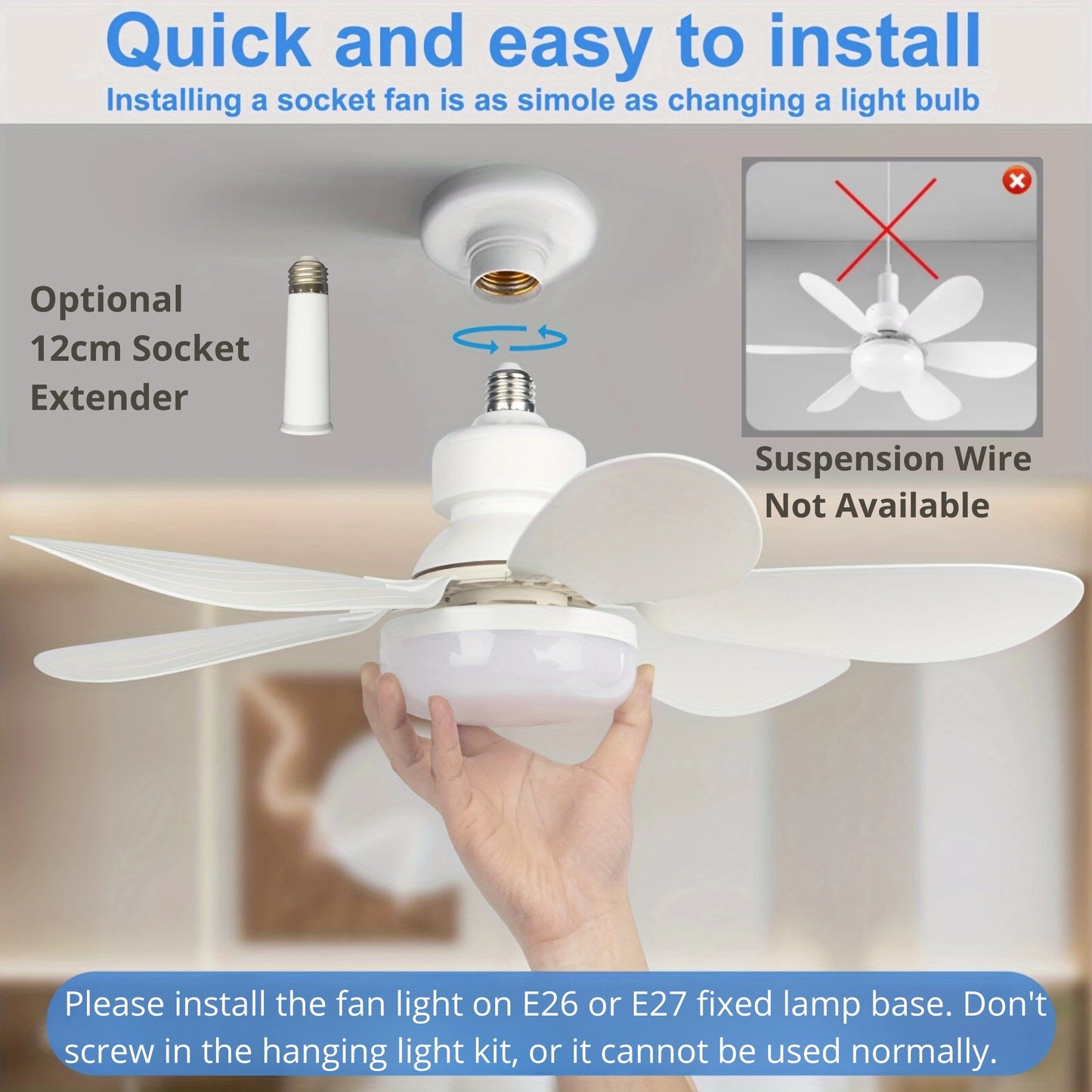 Ventilador de techo con luz y enchufe de 40 W, con luz LED y control remoto, E27