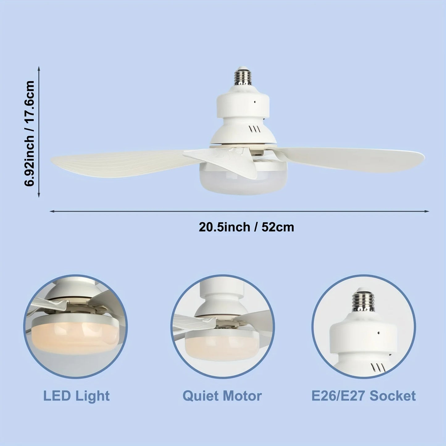 Ventilador de techo con luz y enchufe de 40 W, con luz LED y control remoto, E27