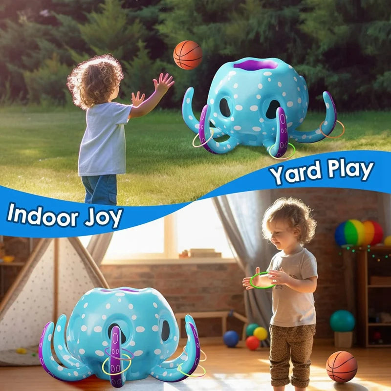 Aro de baloncesto inflable 2 en 1 para lanzar aros, juegos de jardín, acuáticos, piscina con forma de pulpo