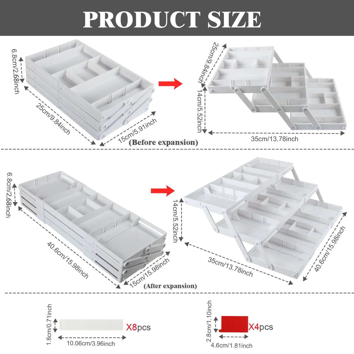 Organizador de cajones de 2 o 3 niveles, plegable y expandible - BLANCO