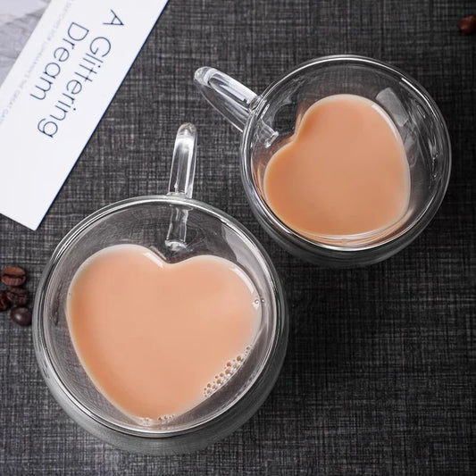 Taza de cristal con forma de corazón para parejas – Vasos dobles de vidrio resistentes al calor para vino, té, café, leche y espresso