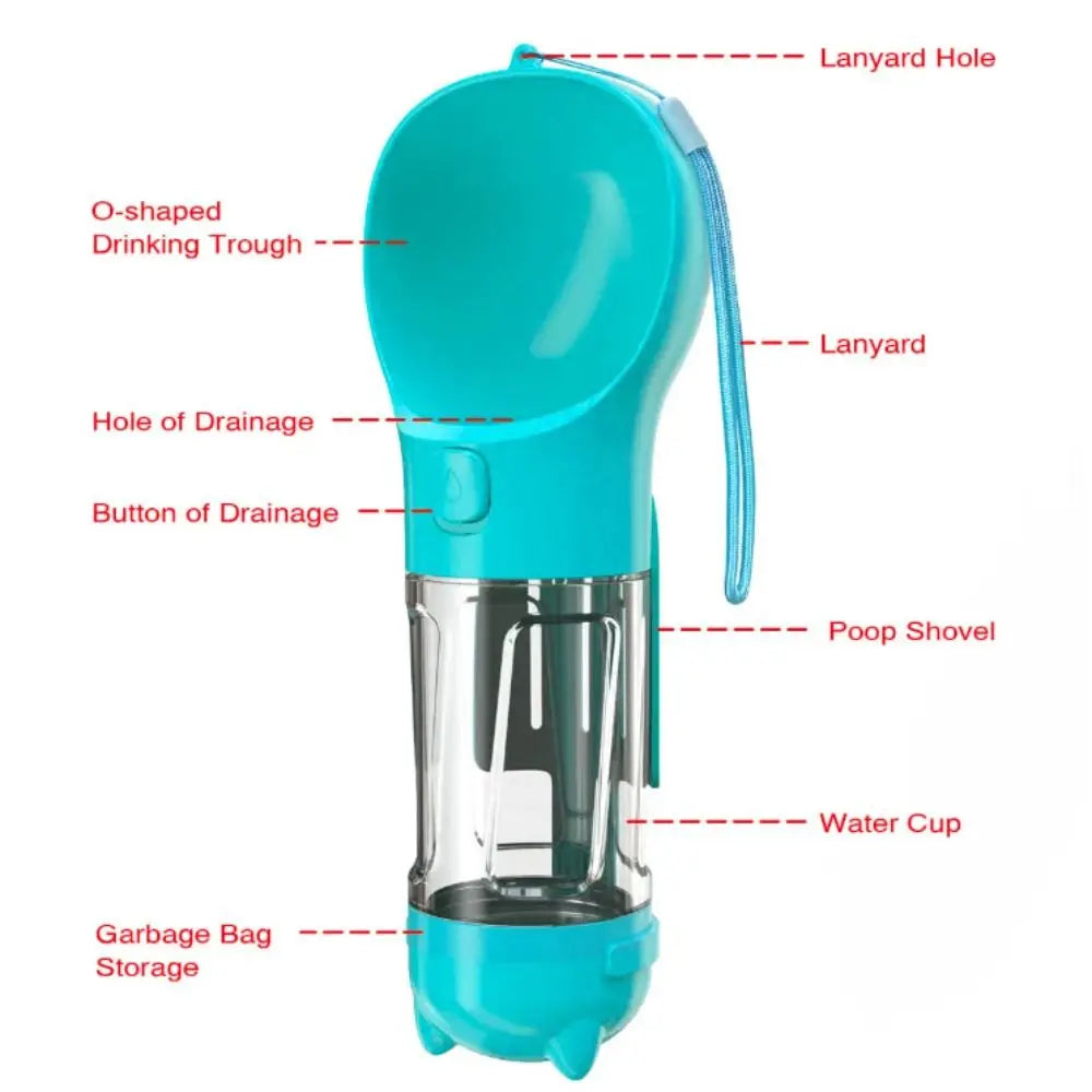 Dispensador 4 en 1 para perros y gatos – Botella de agua, comedero, y pala con bolsa integrada