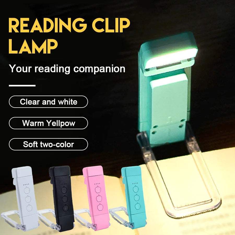 Luz de Lectura Recargable USB – Clip-On 3 modos de color (1800 K‑6000 K) y 5 niveles de brillo