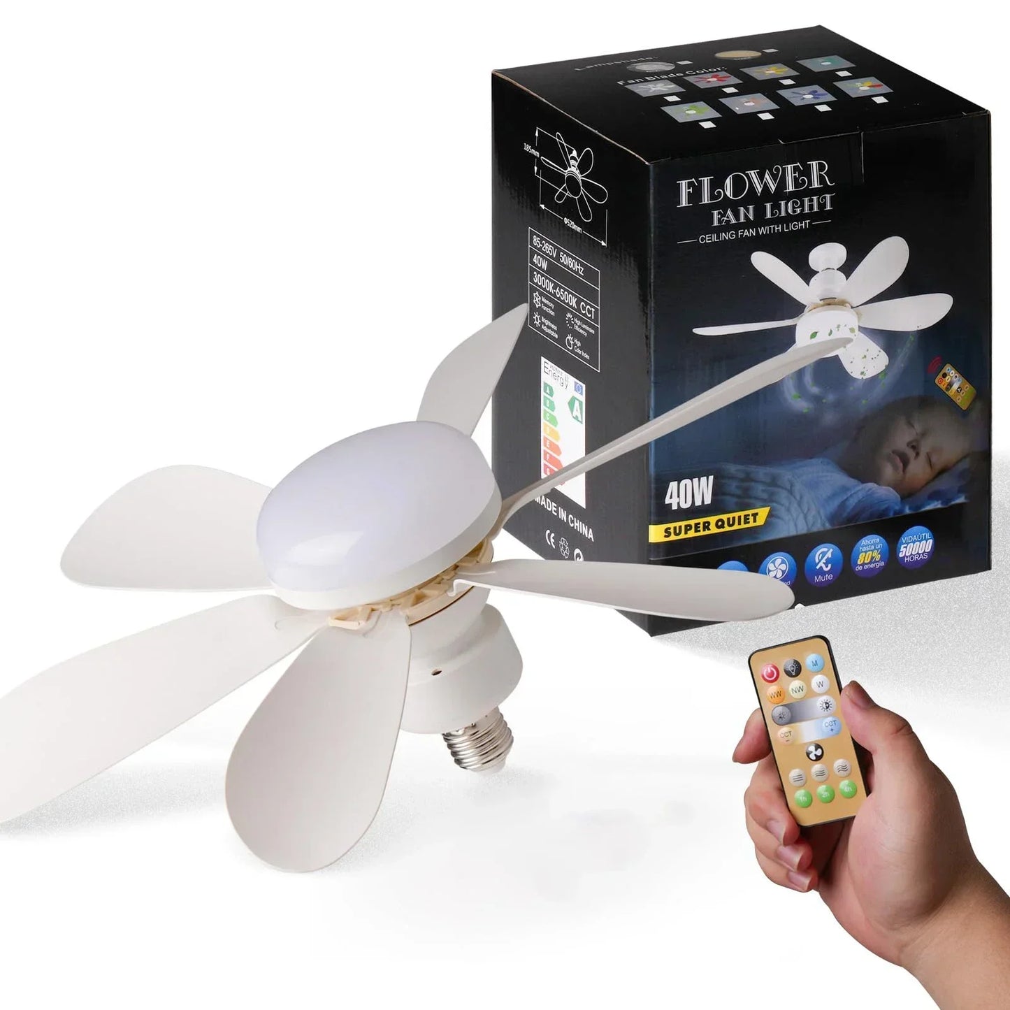 Ventilador de techo de 40 W, luz E27 con función de atenuación LED remota, 85-265 V