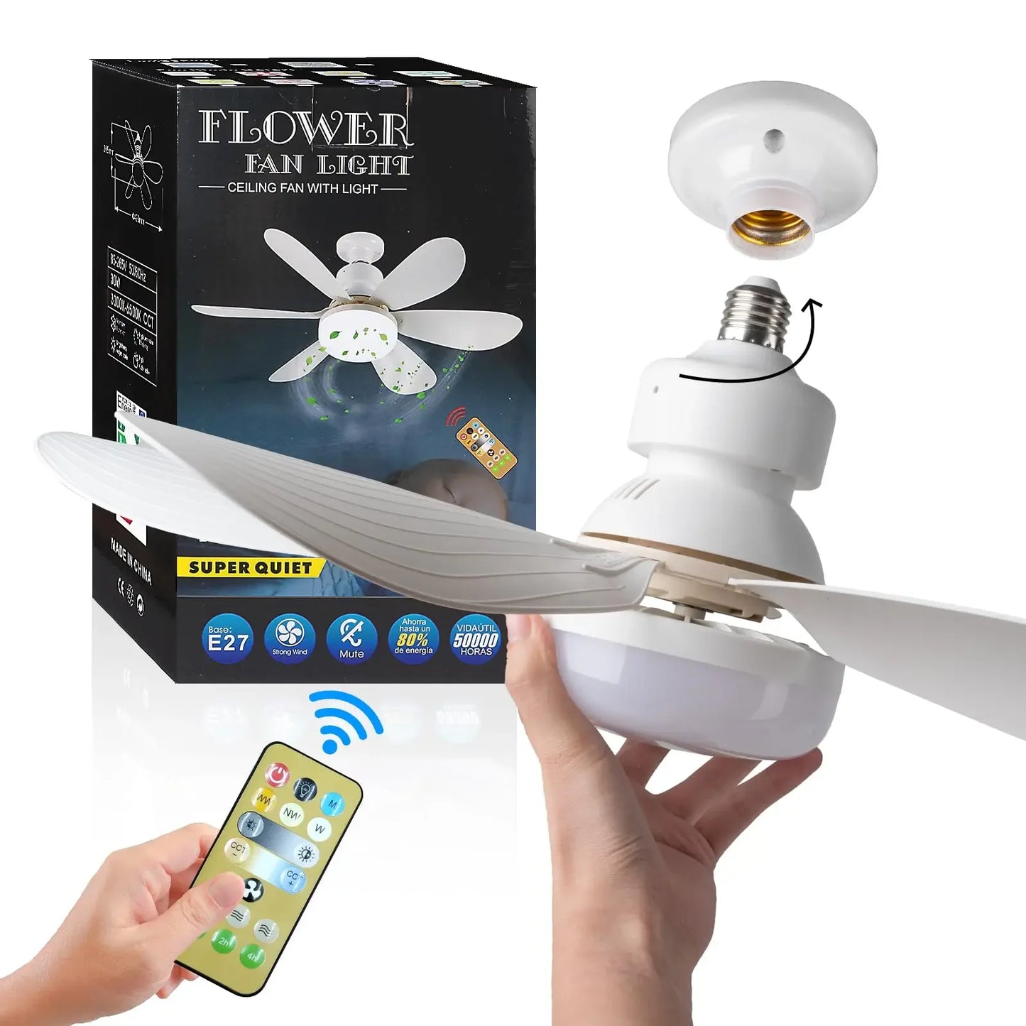 Ventilador de techo LED de 40 W, luz E27 con control remoto, 85-265 V