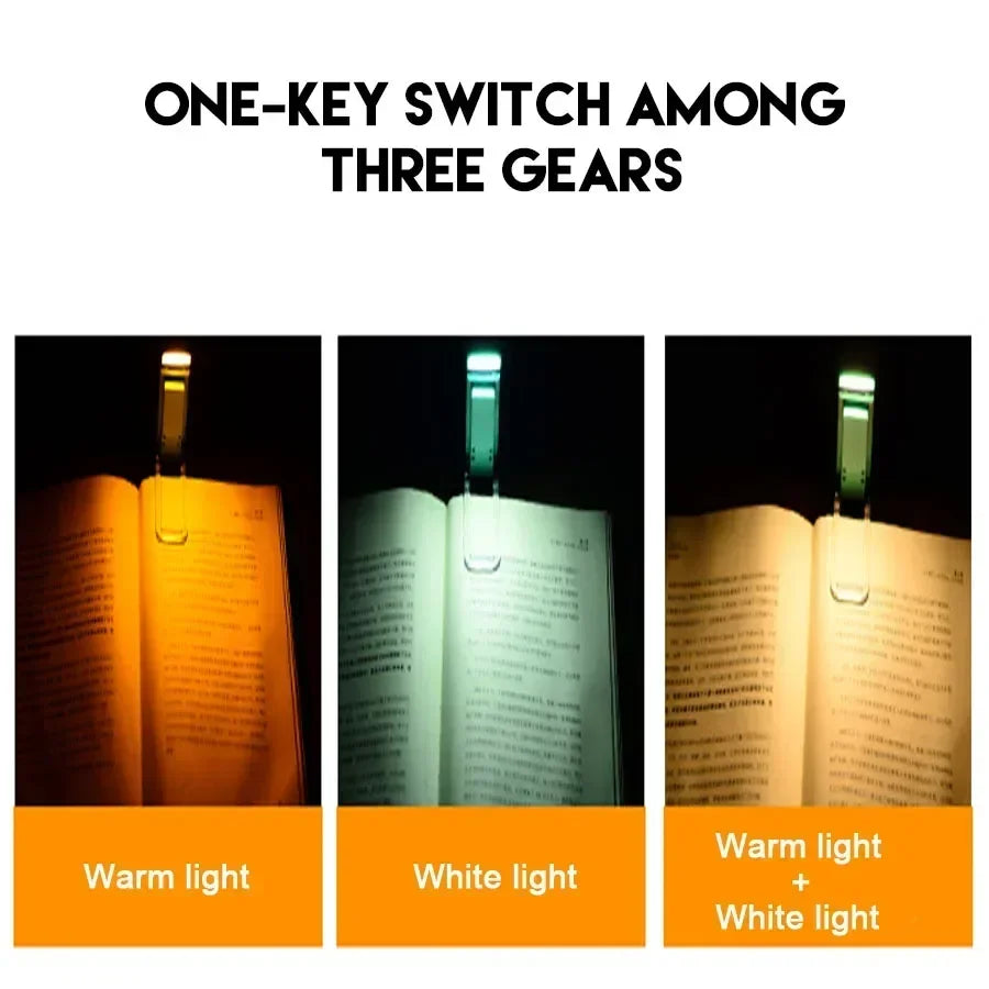Luz de Lectura Recargable USB – Clip-On 3 modos de color (1800 K‑6000 K) y 5 niveles de brillo