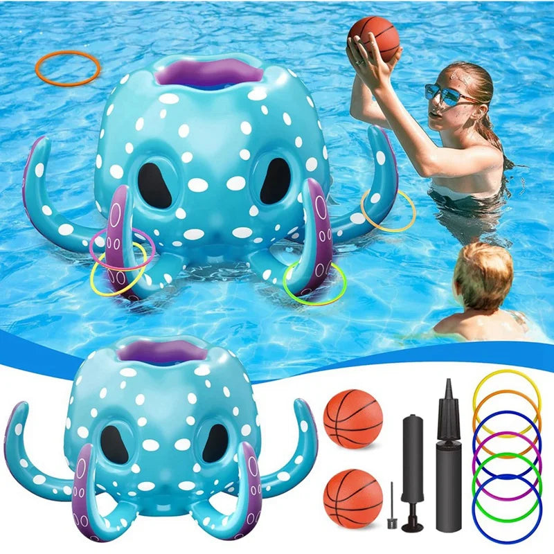 Aro de baloncesto inflable 2 en 1 para lanzar aros, juegos de jardín, acuáticos, piscina con forma de pulpo