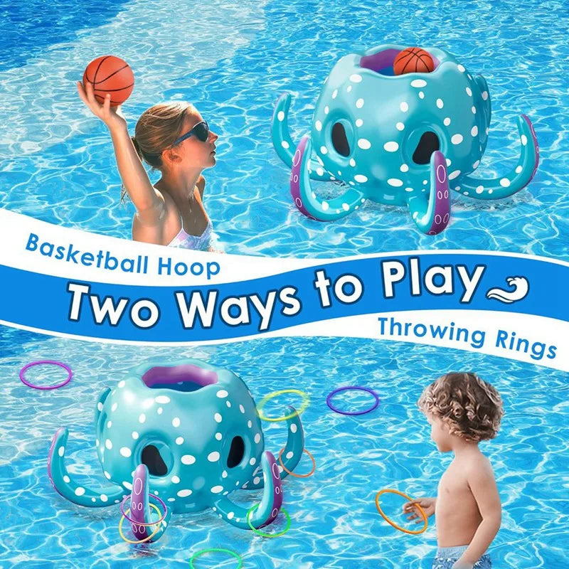 Aro de baloncesto inflable 2 en 1 para lanzar aros, juegos de jardín, acuáticos, piscina con forma de pulpo