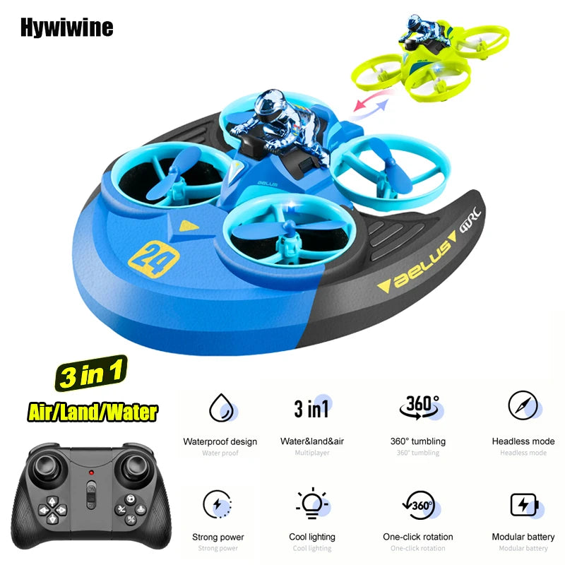 Mini dron helicóptero, 2,4 GHz, 4 canales, giro 3D, agua, tierra, aire, 3 modos