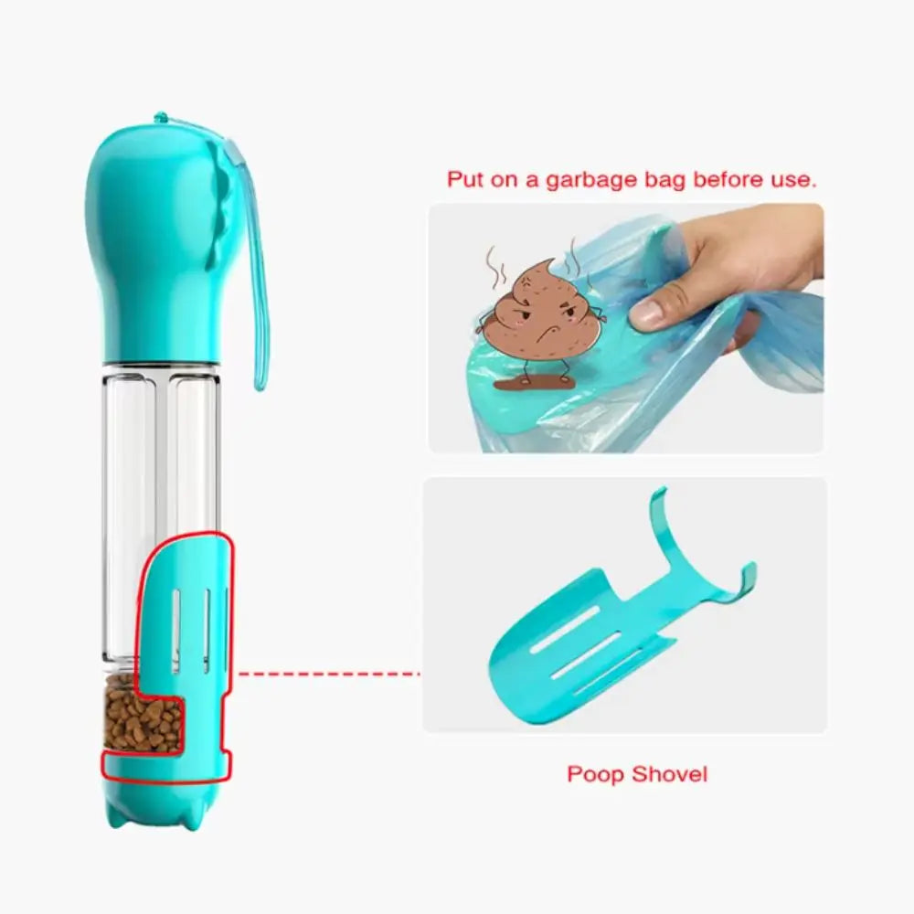 Dispensador 4 en 1 para perros y gatos – Botella de agua, comedero, y pala con bolsa integrada