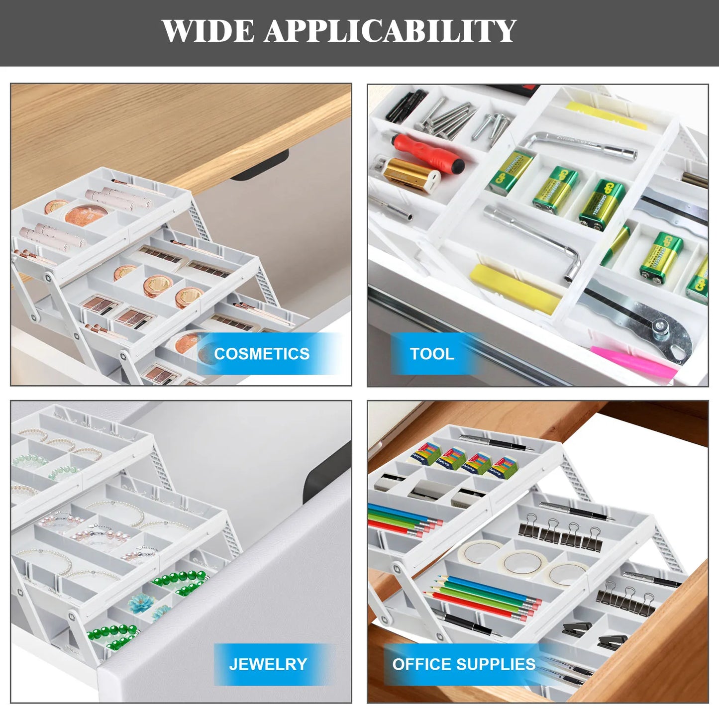 Organizador de cajones de 2 o 3 niveles, plegable y expandible - BLANCO
