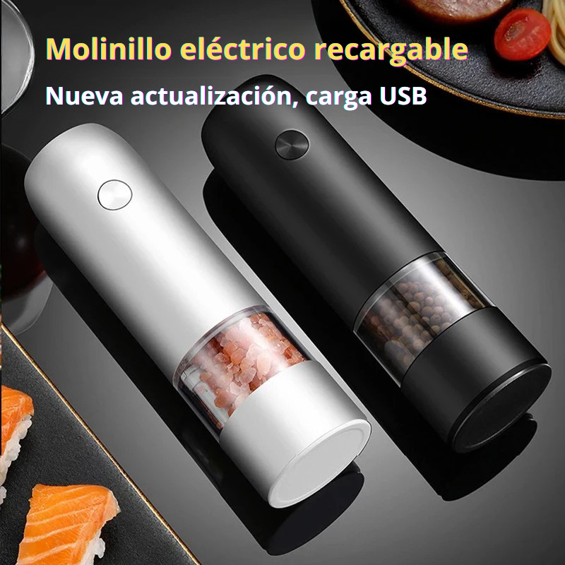 Molinillo Eléctrico Recargable Sal y Pimienta – Ajuste de Molienda, Luz LED y Diseño Moderno