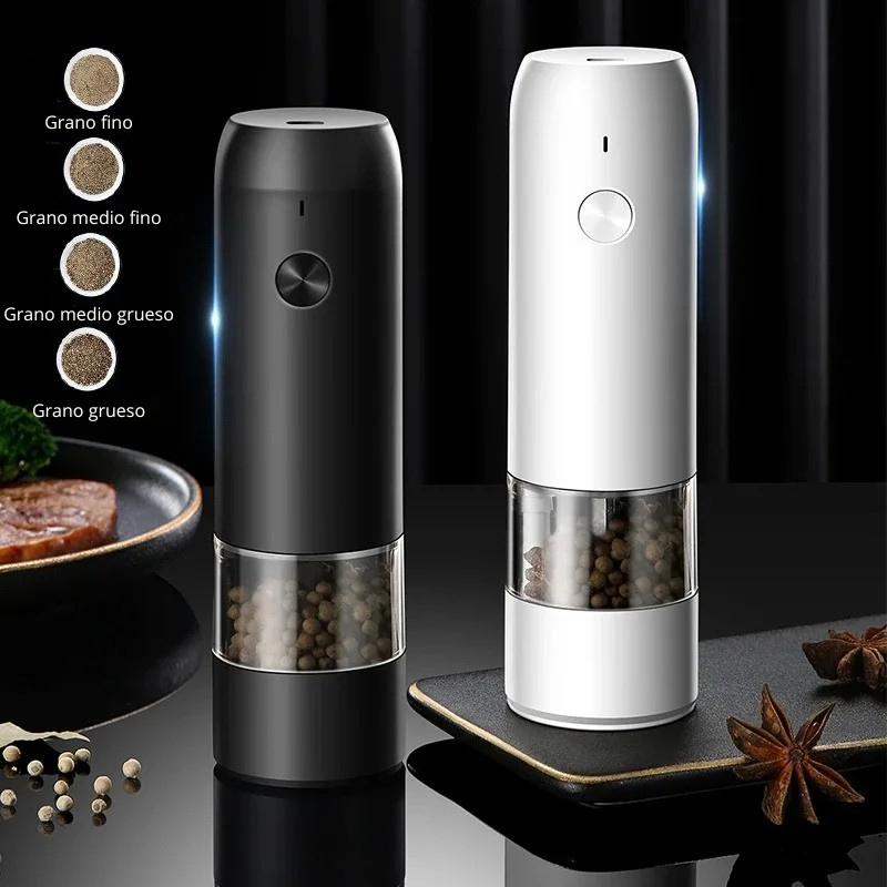 Molinillo Eléctrico Recargable Sal y Pimienta – Ajuste de Molienda, Luz LED y Diseño Moderno