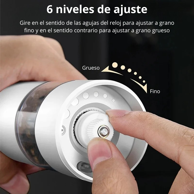 Molinillo Eléctrico Recargable Sal y Pimienta – Ajuste de Molienda, Luz LED y Diseño Moderno