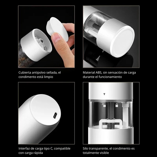 Molinillo Eléctrico Recargable Sal y Pimienta – Ajuste de Molienda, Luz LED y Diseño Moderno