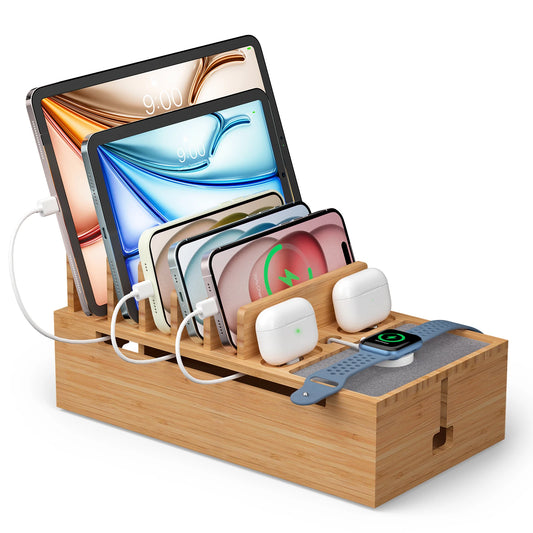 Estación de Carga de Bambú 6 en 1 – Soporte Organizador para Teléfonos, Tablets y Dispositivos Electrónicos