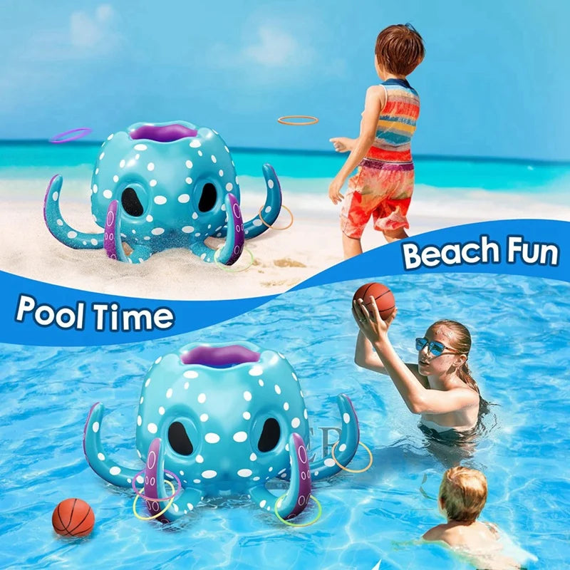 Aro de baloncesto inflable 2 en 1 para lanzar aros, juegos de jardín, acuáticos, piscina con forma de pulpo