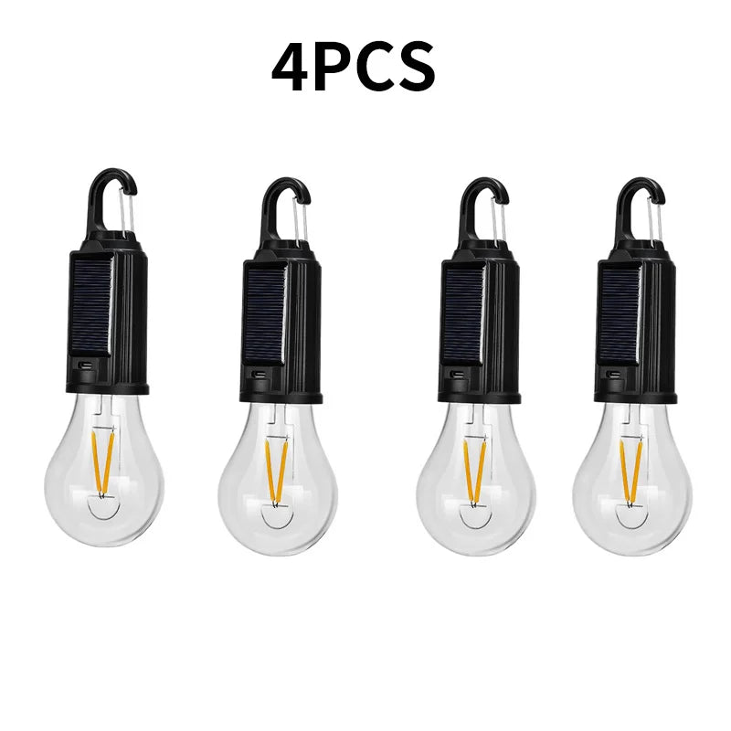 Bombillas LED de Camping Solares Recargables Impermeables con Gancho – Luz Portátil para Exterior y Emergencias