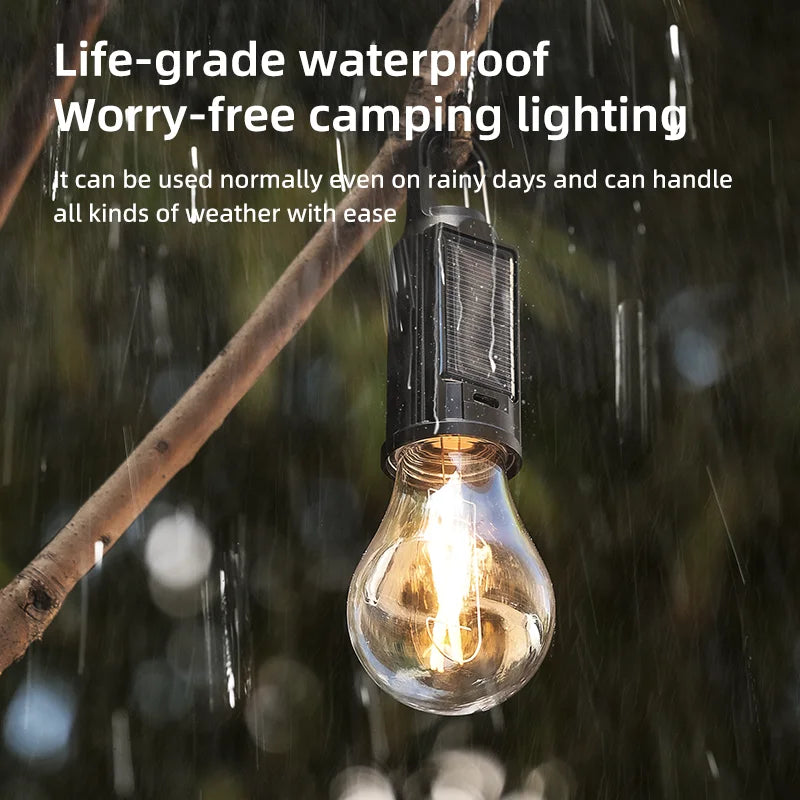 Bombillas LED de Camping Solares Recargables Impermeables con Gancho – Luz Portátil para Exterior y Emergencias