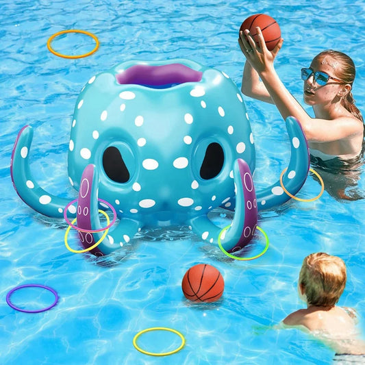 Aro de baloncesto inflable 2 en 1 para lanzar aros, juegos de jardín, acuáticos, piscina con forma de pulpo