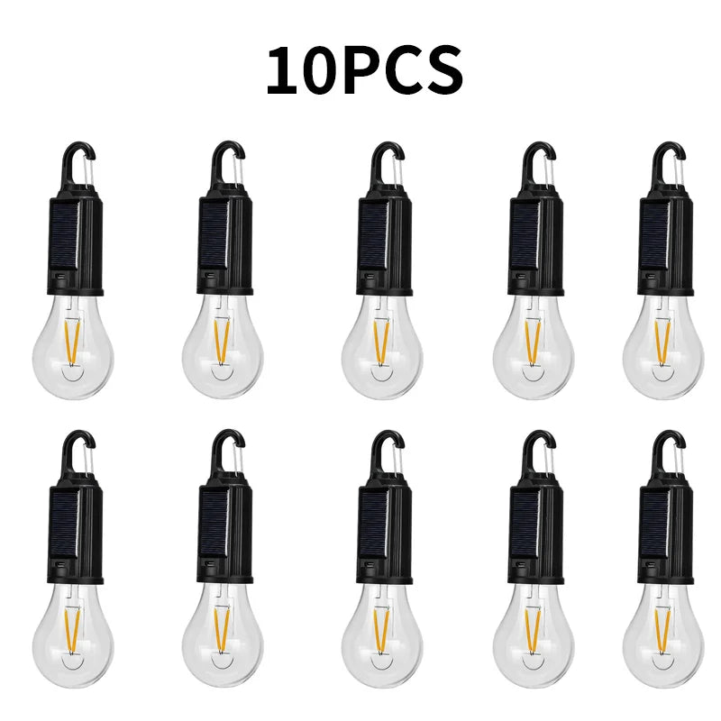 Bombillas LED de Camping Solares Recargables Impermeables con Gancho – Luz Portátil para Exterior y Emergencias