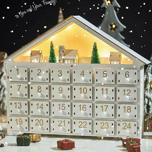Calendario de Adviento de Madera con Luces LED – Casa Navideña de 24 Días con Cajones, Figuras y Almacenamiento Decorativo