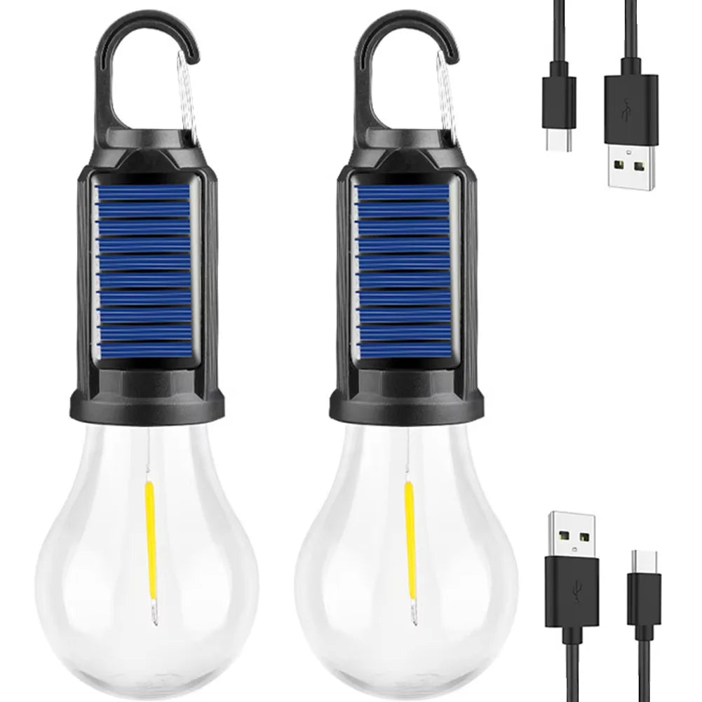 Bombillas LED de Camping Solares Recargables Impermeables con Gancho – Luz Portátil para Exterior y Emergencias
