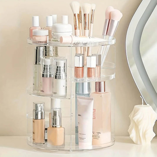 Organizador de Maquillaje Giratorio 360° Transparente – Estante Rotatorio para Cosméticos y Baño