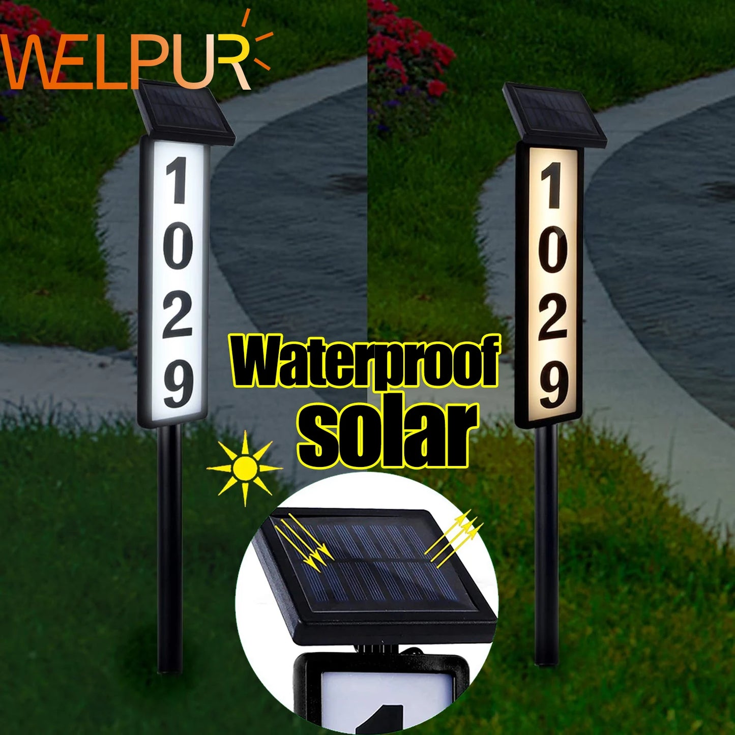 Letrero números con luz solar, iluminado con LED